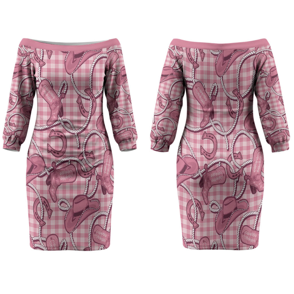Pink Hawaii Palaka Cowboy Family Matching Off The Shoulder Long Sleeve Dress and Hawaiian Shirt Hawaiian Paniolo Festival Spirit LT19 Mom's Dress Pink - Polynesian Pride