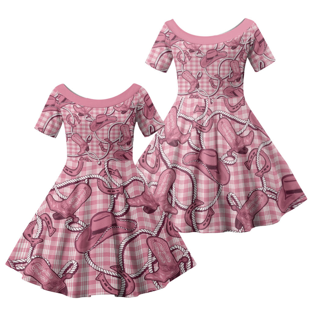 Pink Hawaii Palaka Cowboy Family Matching Off The Shoulder Long Sleeve Dress and Hawaiian Shirt Hawaiian Paniolo Festival Spirit LT19 Daughter's Dress Pink - Polynesian Pride