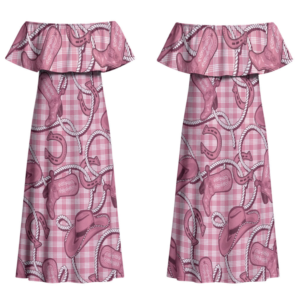 Pink Hawaii Palaka Cowboy Family Matching Off Shoulder Maxi Dress and Hawaiian Shirt Hawaiian Paniolo Festival Spirit LT19 Mom's Dress Pink - Polynesian Pride