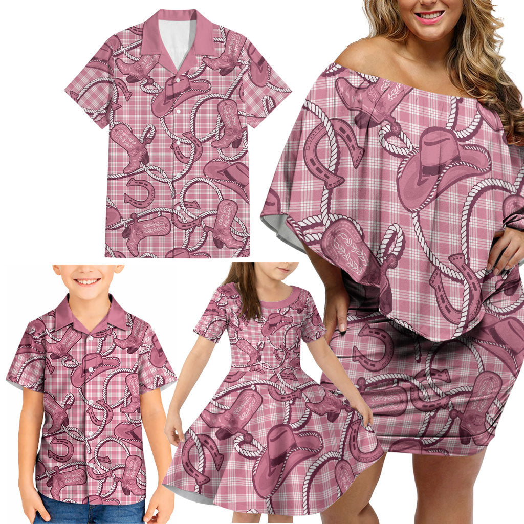 Pink Hawaii Palaka Cowboy Family Matching Off Shoulder Short Dress and Hawaiian Shirt Hawaiian Paniolo Festival Spirit LT19 - Polynesian Pride