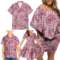 Pink Hawaii Palaka Cowboy Family Matching Off Shoulder Short Dress and Hawaiian Shirt Hawaiian Paniolo Festival Spirit LT19 - Polynesian Pride