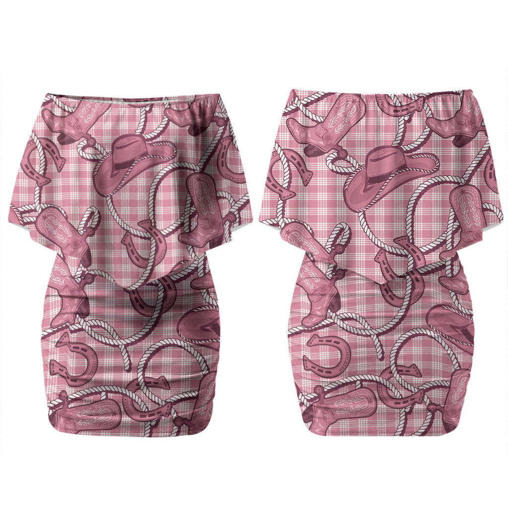 Pink Hawaii Palaka Cowboy Family Matching Off Shoulder Short Dress and Hawaiian Shirt Hawaiian Paniolo Festival Spirit LT19 Mom's Dress Pink - Polynesian Pride