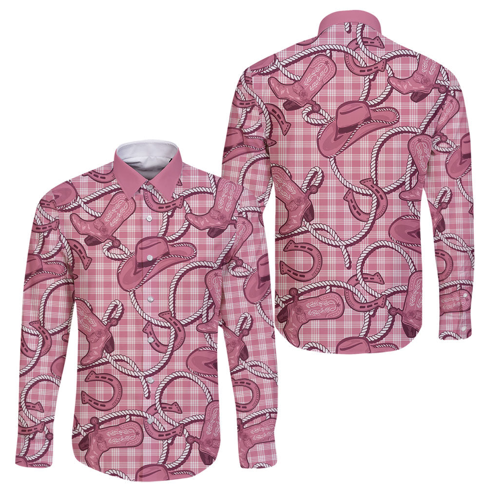 Pink Hawaii Palaka Cowboy Family Matching Off Shoulder Short Dress and Hawaiian Shirt Hawaiian Paniolo Festival Spirit LT19 Dad's Shirt - Long Sleeve Pink - Polynesian Pride