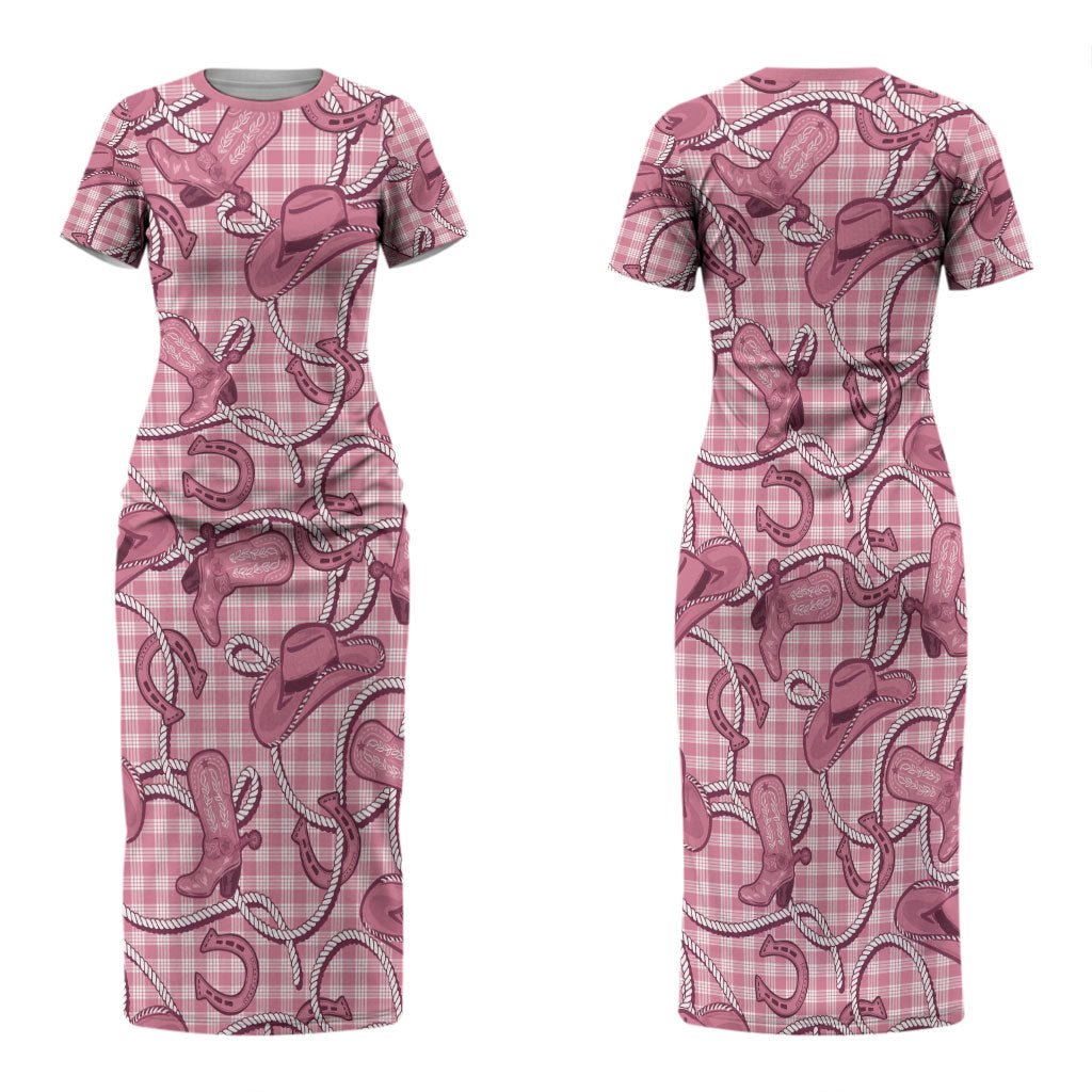 Pink Hawaii Palaka Cowboy Family Matching Short Sleeve Bodycon Dress and Hawaiian Shirt Hawaiian Paniolo Festival Spirit LT19 Mom's Dress Pink - Polynesian Pride