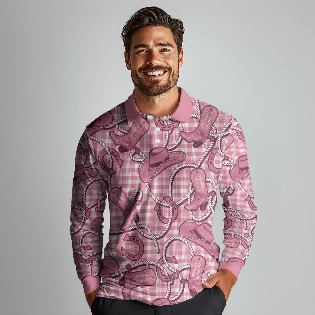 Pink Hawaii Palaka Cowboy Long Sleeve Polo Shirt Hawaiian Paniolo Festival Spirit LT19 - Polynesian Pride