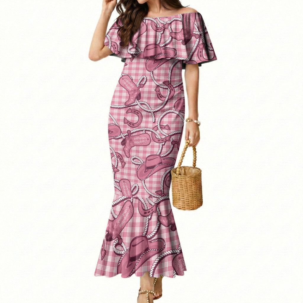 Pink Hawaii Palaka Cowboy Mermaid Dress Hawaiian Paniolo Festival Spirit LT19 Women Pink - Polynesian Pride