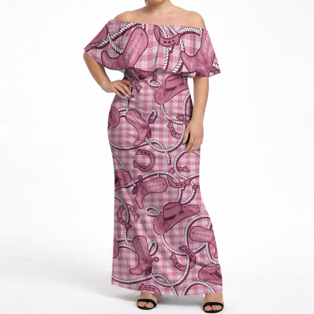 Pink Hawaii Palaka Cowboy Off Shoulder Maxi Dress Hawaiian Paniolo Festival Spirit LT19 Women Pink - Polynesian Pride