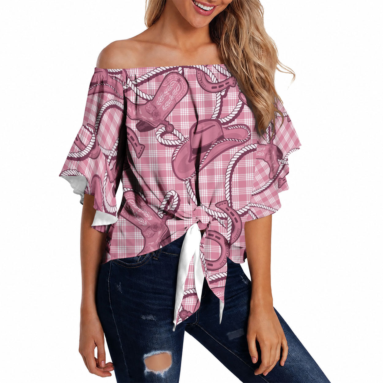 Pink Hawaii Palaka Cowboy Off Shoulder Wrap Waist Top Hawaiian Paniolo Festival Spirit LT19 Pink - Polynesian Pride