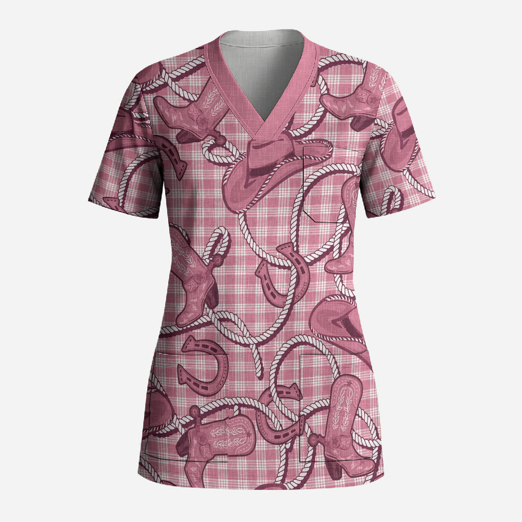 Pink Hawaii Palaka Cowboy Scrub Top Hawaiian Paniolo Festival Spirit