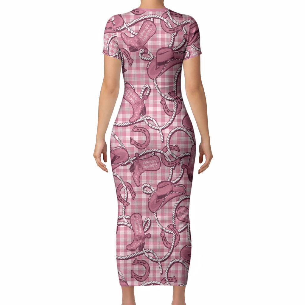 Pink Hawaii Palaka Cowboy Short Sleeve Bodycon Dress Hawaiian Paniolo Festival Spirit LT19 - Polynesian Pride