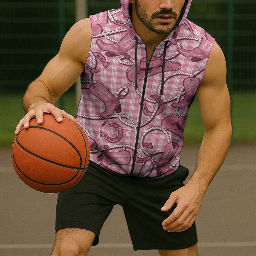 Pink Hawaii Palaka Cowboy Sleeveless Zip Hoodie Hawaiian Paniolo Festival Spirit LT19 - Polynesian Pride