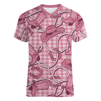Pink Hawaii Palaka Cowboy Women V-Neck T-Shirt Hawaiian Paniolo Festival Spirit LT19 Female Pink - Polynesian Pride