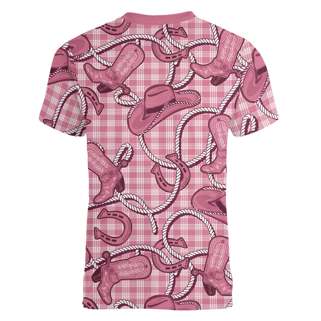 Pink Hawaii Palaka Cowboy Women V-Neck T-Shirt Hawaiian Paniolo Festival Spirit LT19 - Polynesian Pride