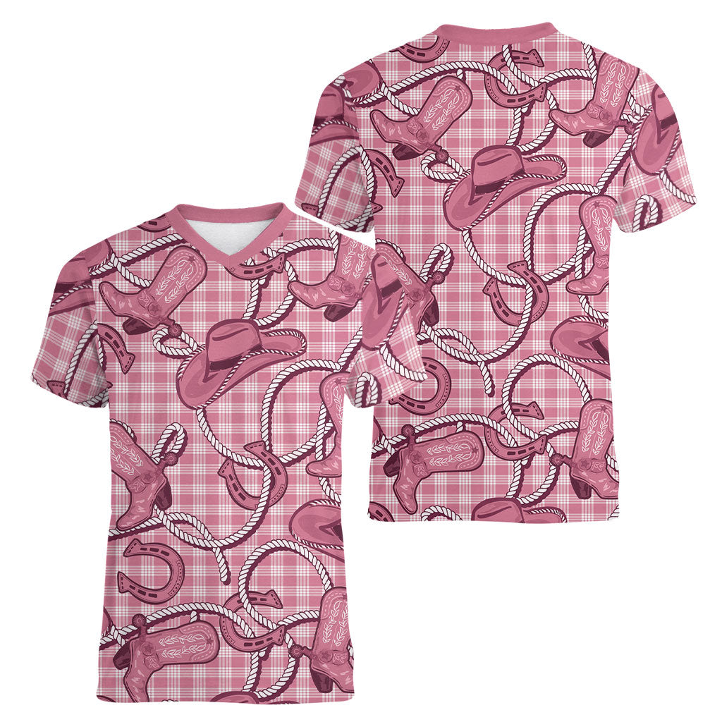 Pink Hawaii Palaka Cowboy Women V-Neck T-Shirt Hawaiian Paniolo Festival Spirit LT19 - Polynesian Pride