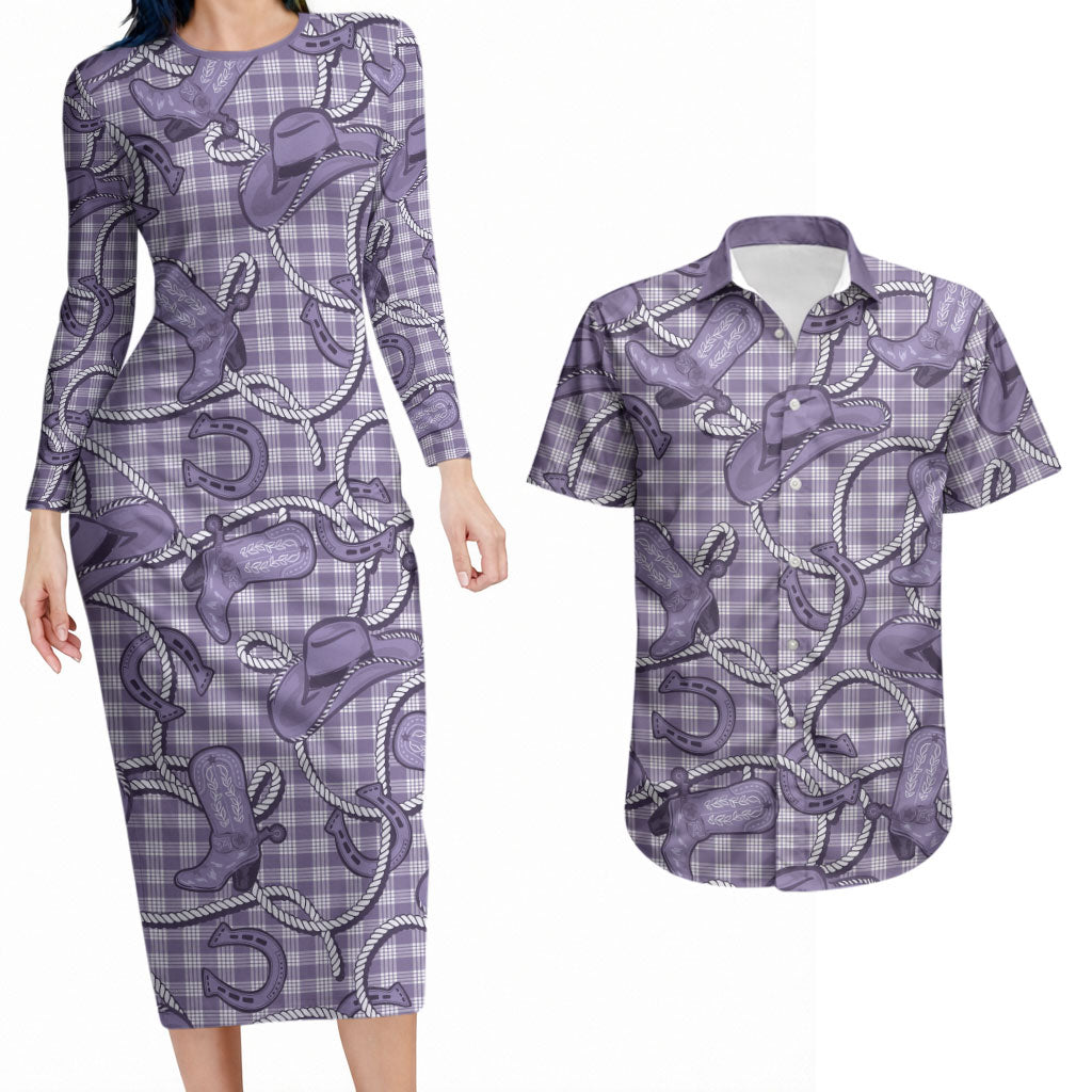 Purple Hawaii Palaka Cowboy Couples Matching Long Sleeve Bodycon Dress and Hawaiian Shirt Hawaiian Paniolo Festival Spirit LT19 Purple - Polynesian Pride