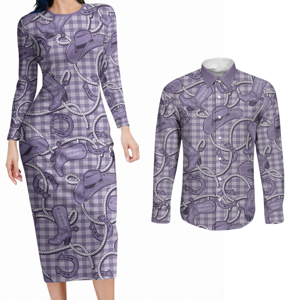 Purple Hawaii Palaka Cowboy Couples Matching Long Sleeve Bodycon Dress and Long Sleeve Button Shirt Hawaiian Paniolo Festival Spirit LT19 Purple - Polynesian Pride