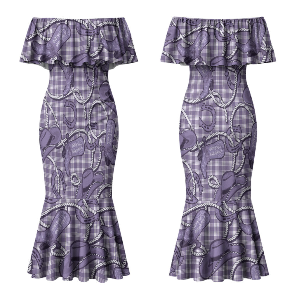 Purple Hawaii Palaka Cowboy Couples Matching Mermaid Dress and Long Sleeve Button Shirt Hawaiian Paniolo Festival Spirit LT19 - Polynesian Pride