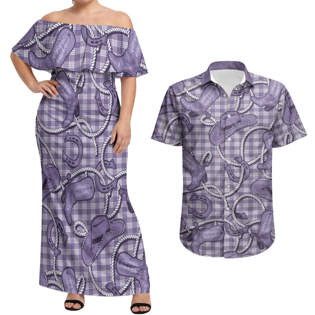Purple Hawaii Palaka Cowboy Couples Matching Off Shoulder Maxi Dress and Hawaiian Shirt Hawaiian Paniolo Festival Spirit LT19 Purple - Polynesian Pride