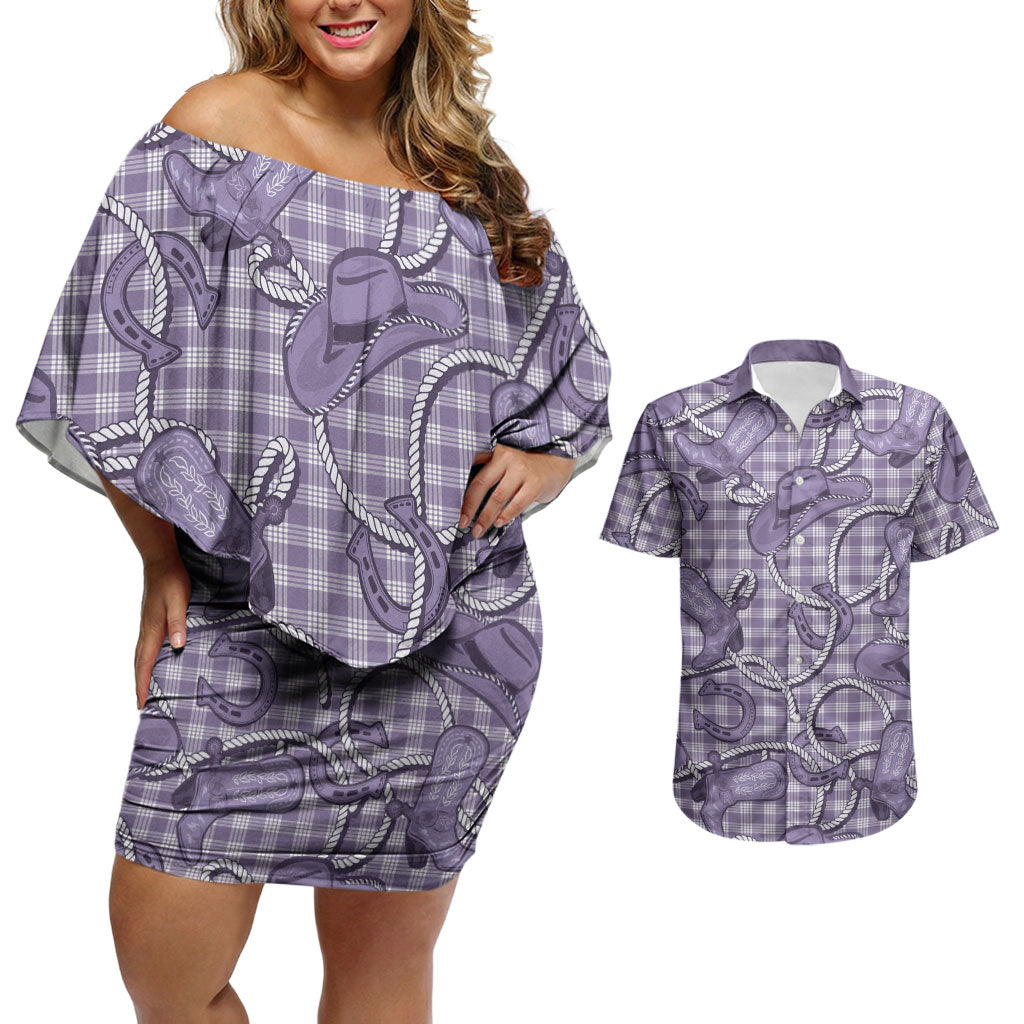 Purple Hawaii Palaka Cowboy Couples Matching Off Shoulder Short Dress and Hawaiian Shirt Hawaiian Paniolo Festival Spirit LT19 Purple - Polynesian Pride