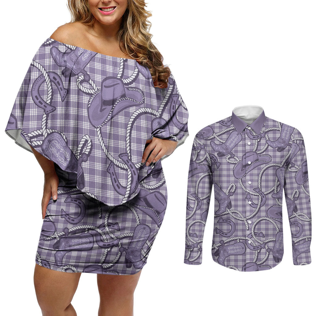 Purple Hawaii Palaka Cowboy Couples Matching Off Shoulder Short Dress and Long Sleeve Button Shirt Hawaiian Paniolo Festival Spirit LT19 Purple - Polynesian Pride
