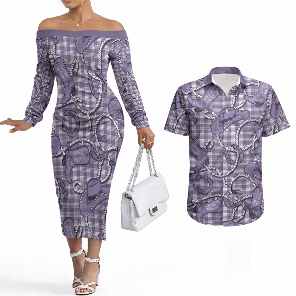 Purple Hawaii Palaka Cowboy Couples Matching Off The Shoulder Long Sleeve Dress and Hawaiian Shirt Hawaiian Paniolo Festival Spirit LT19 Purple - Polynesian Pride