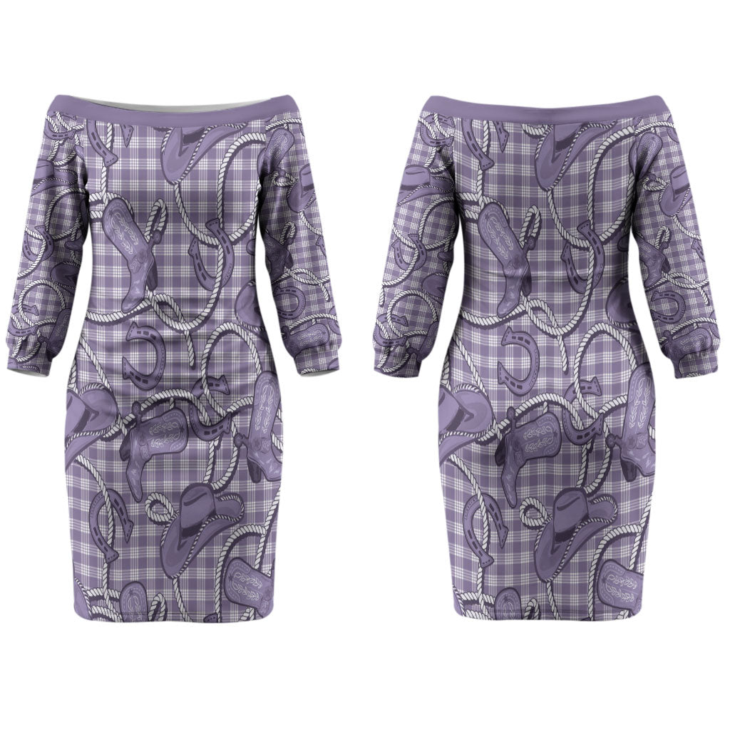 Purple Hawaii Palaka Cowboy Couples Matching Off The Shoulder Long Sleeve Dress and Hawaiian Shirt Hawaiian Paniolo Festival Spirit LT19 - Polynesian Pride