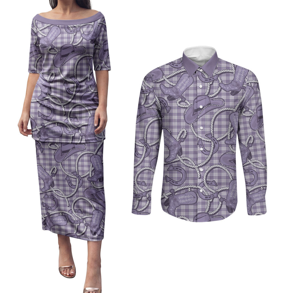 Purple Hawaii Palaka Cowboy Couples Matching Puletasi and Long Sleeve Button Shirt Hawaiian Paniolo Festival Spirit LT19 Purple - Polynesian Pride