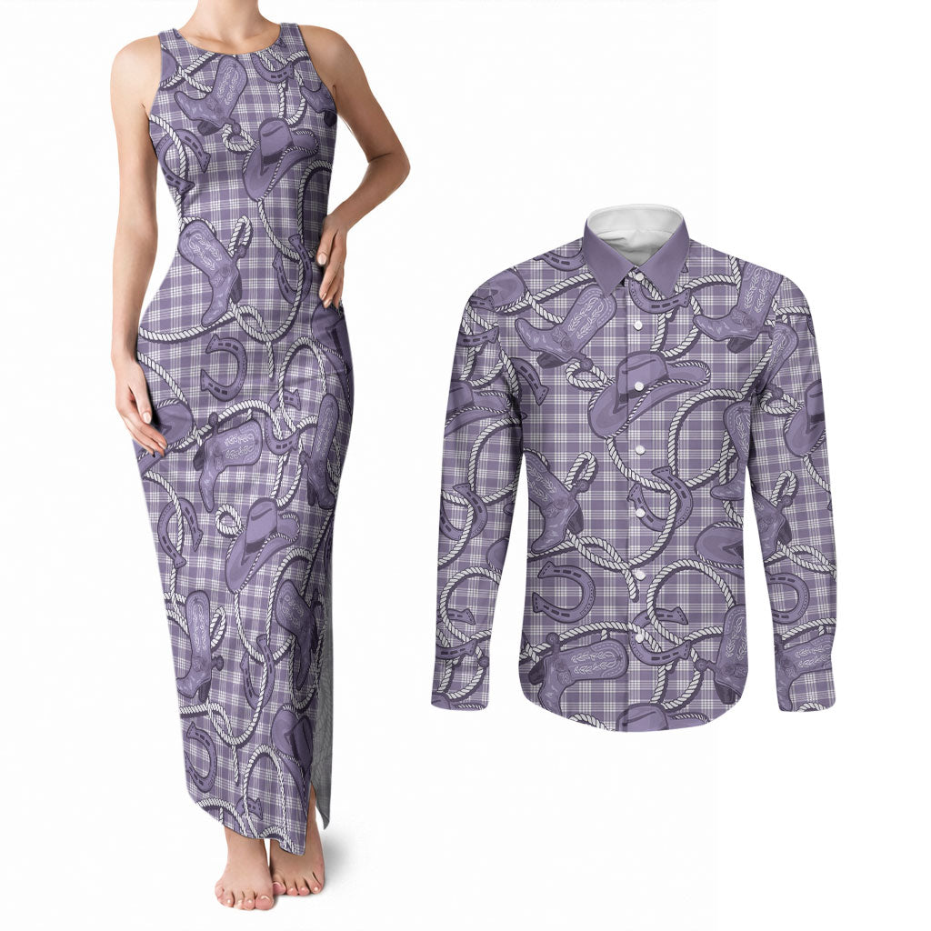 Purple Hawaii Palaka Cowboy Couples Matching Tank Maxi Dress and Long Sleeve Button Shirt Hawaiian Paniolo Festival Spirit LT19 Purple - Polynesian Pride