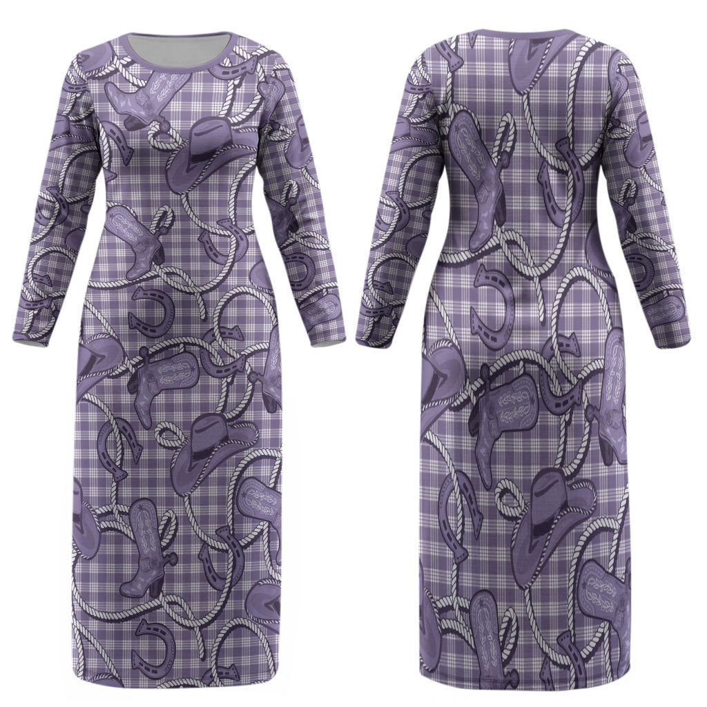 Purple Hawaii Palaka Cowboy Family Matching Long Sleeve Bodycon Dress and Hawaiian Shirt Hawaiian Paniolo Festival Spirit LT19 Mom's Dress Purple - Polynesian Pride