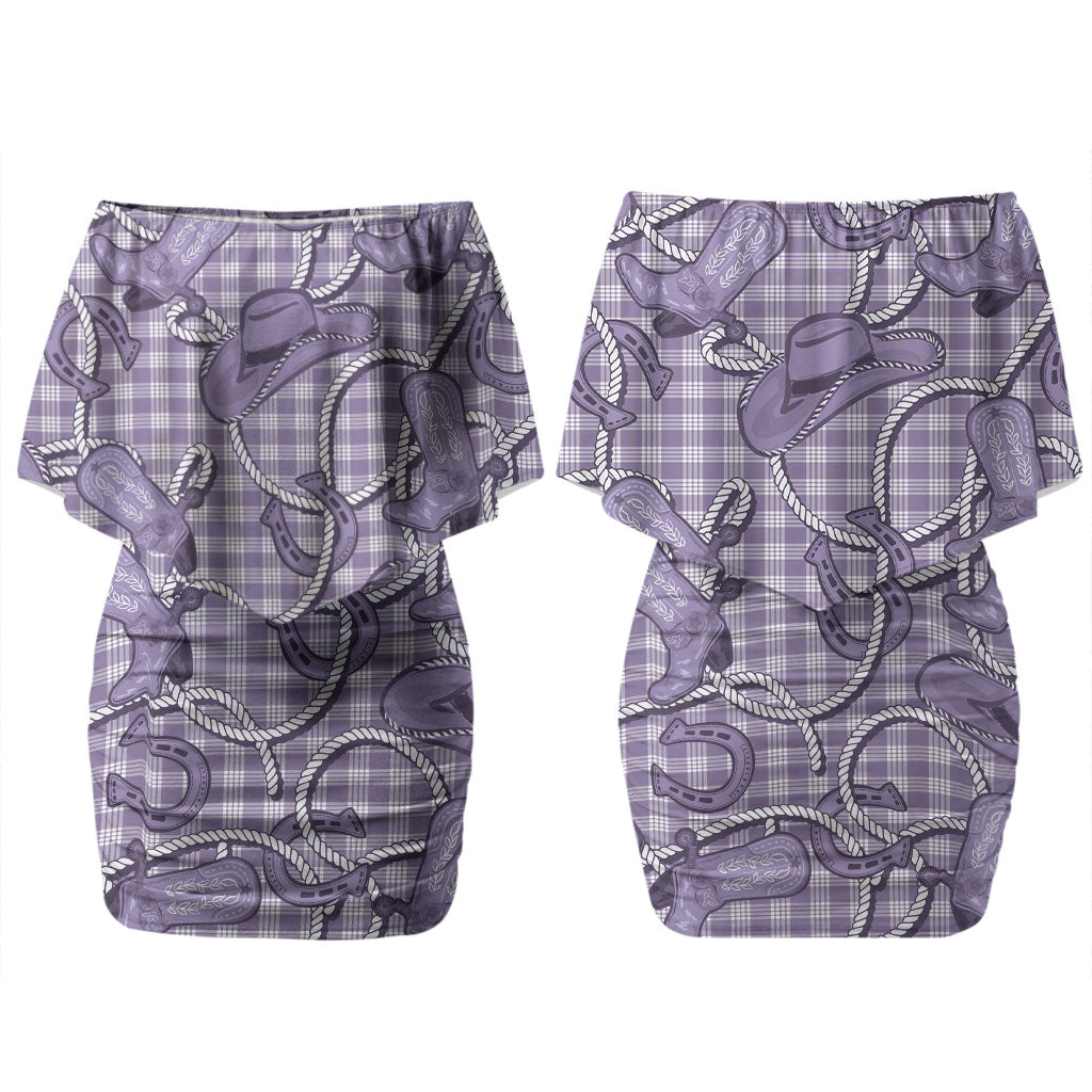Purple Hawaii Palaka Cowboy Family Matching Off Shoulder Short Dress and Hawaiian Shirt Hawaiian Paniolo Festival Spirit LT19 Mom's Dress Purple - Polynesian Pride