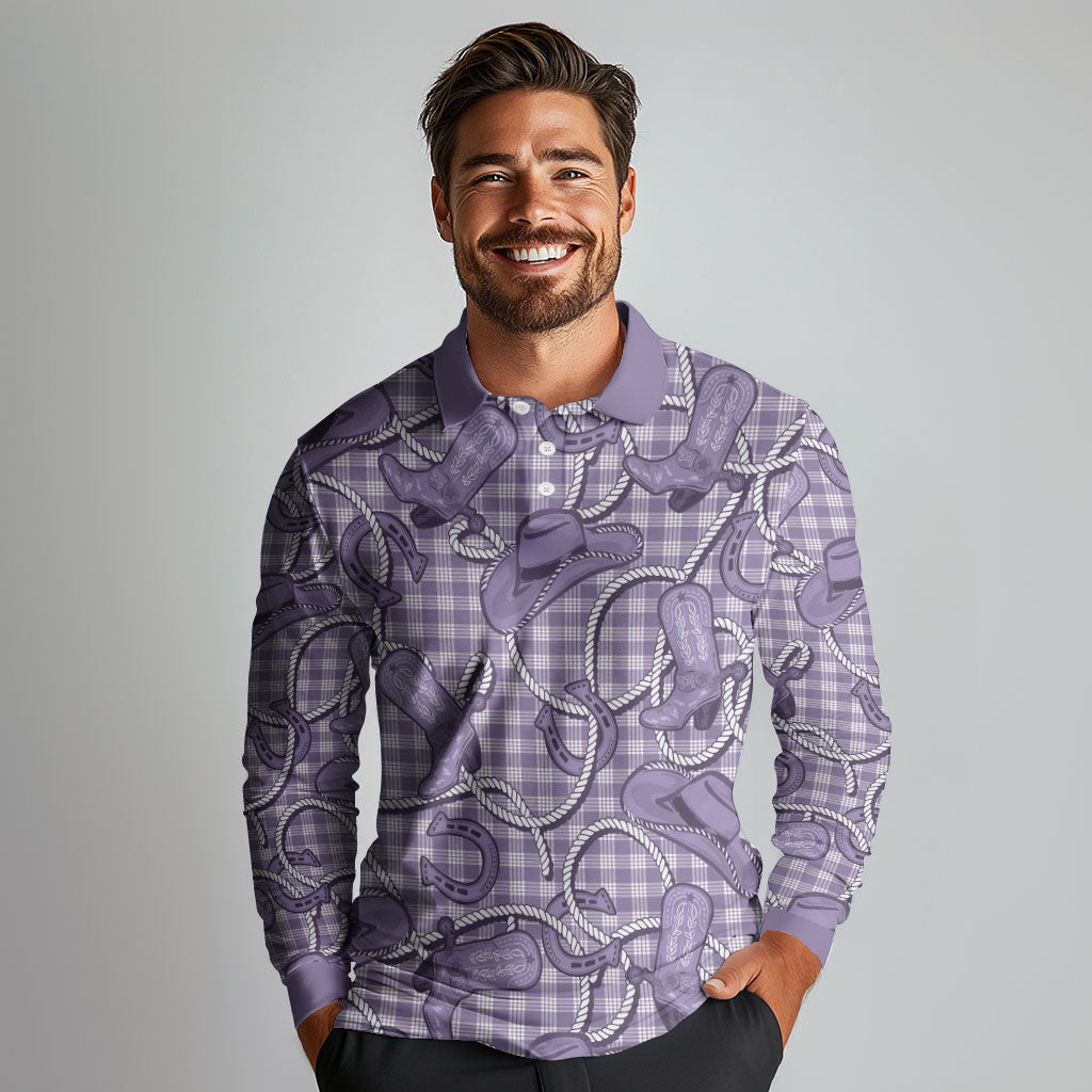 Purple Hawaii Palaka Cowboy Long Sleeve Polo Shirt Hawaiian Paniolo Festival Spirit LT19 - Polynesian Pride