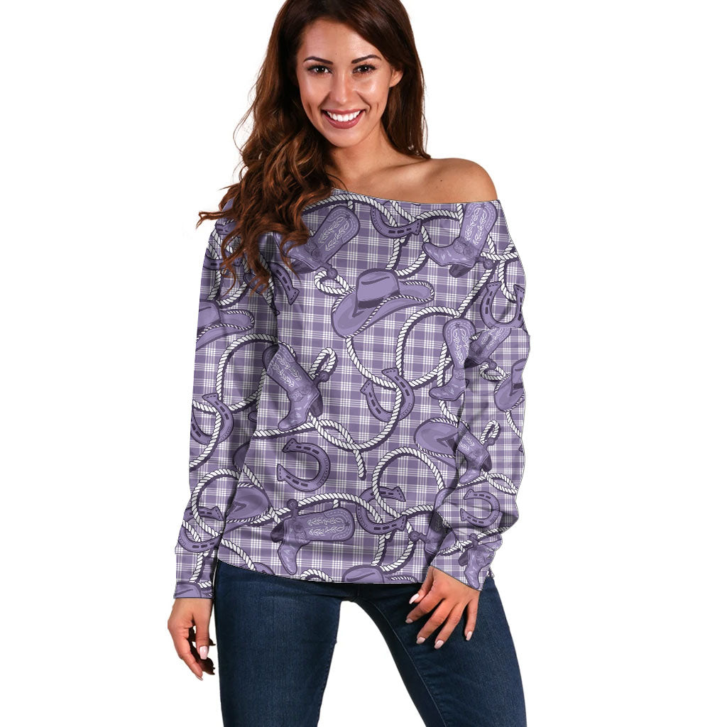 Purple Hawaii Palaka Cowboy Off Shoulder Sweater Hawaiian Paniolo Festival Spirit LT19 Women Purple - Polynesian Pride