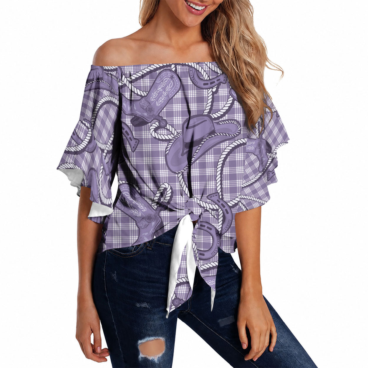 Purple Hawaii Palaka Cowboy Off Shoulder Wrap Waist Top Hawaiian Paniolo Festival Spirit LT19 Purple - Polynesian Pride