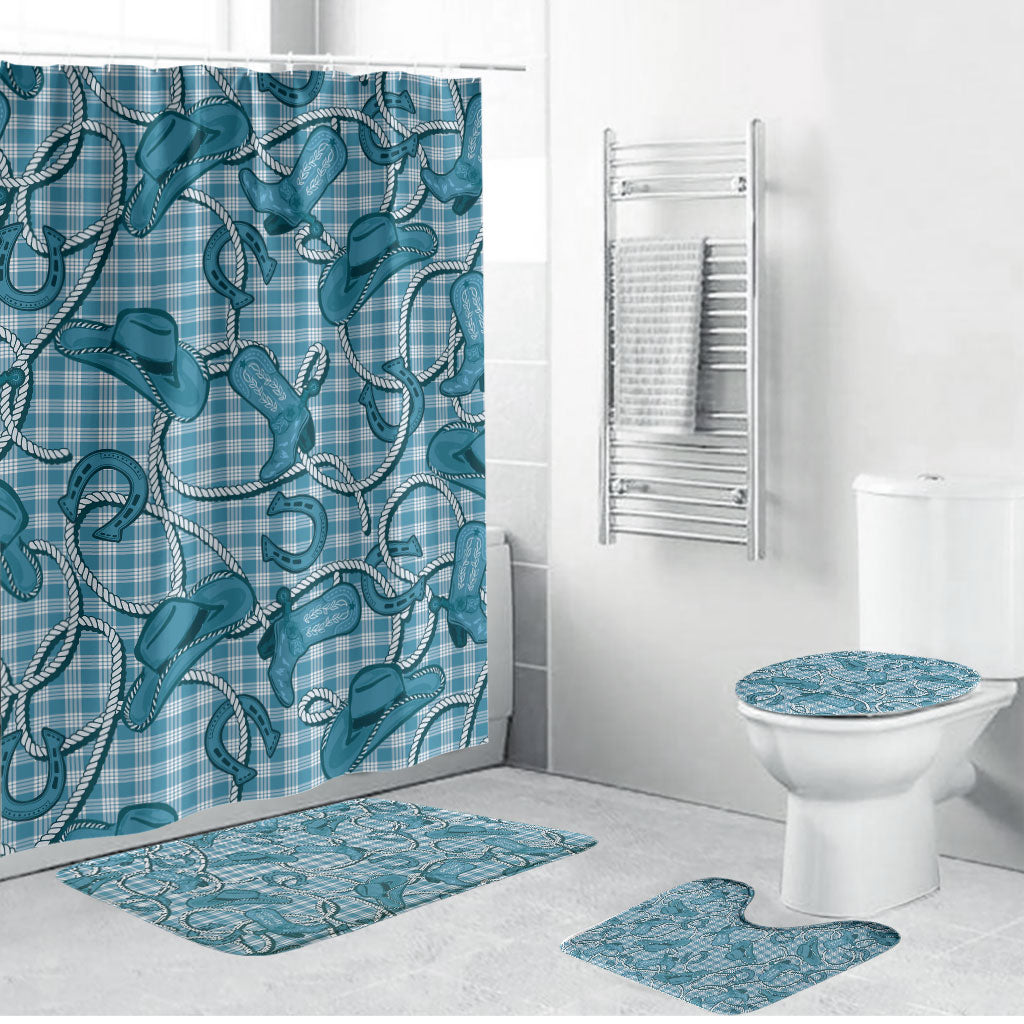 Blue Hawaii Palaka Cowboy Bathroom Set Hawaiian Paniolo Festival Spirit LT19 Bathroom Set (4 pcs) Blue - Polynesian Pride