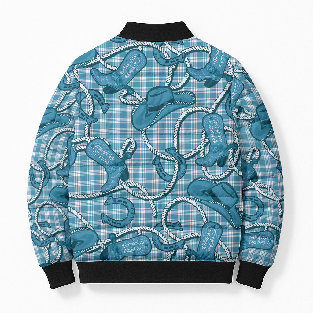Blue Hawaii Palaka Cowboy Bomber Puffer Jacket Hawaiian Paniolo Festival Spirit LT19 - Polynesian Pride