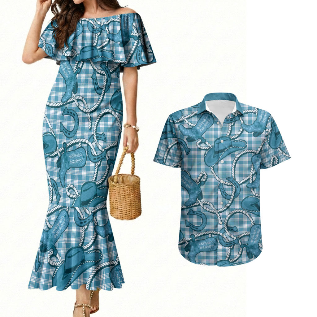 Blue Hawaii Palaka Cowboy Couples Matching Mermaid Dress and Hawaiian Shirt Hawaiian Paniolo Festival Spirit LT19 Blue - Polynesian Pride