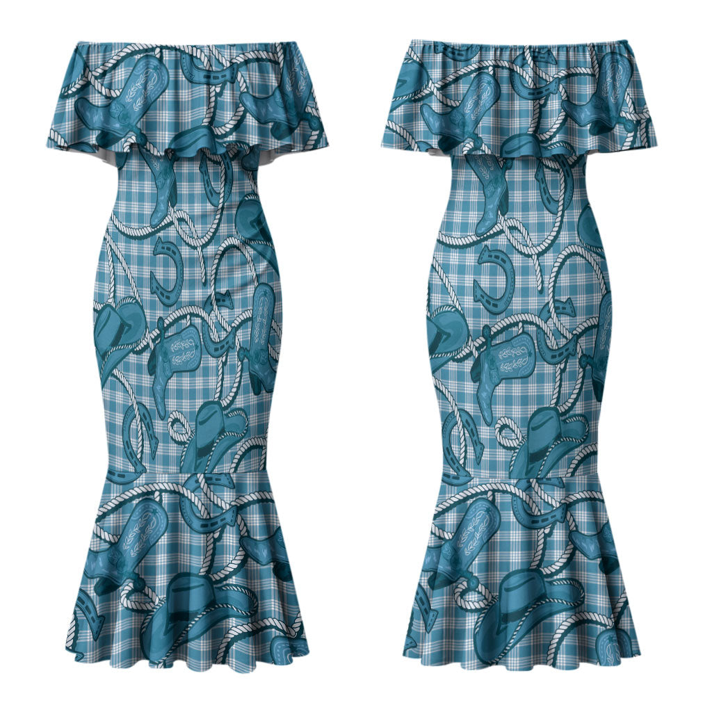 Blue Hawaii Palaka Cowboy Couples Matching Mermaid Dress and Hawaiian Shirt Hawaiian Paniolo Festival Spirit LT19 - Polynesian Pride