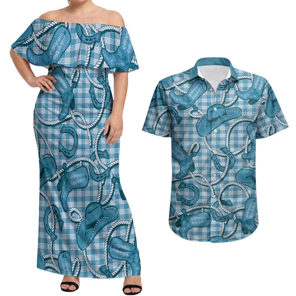 Blue Hawaii Palaka Cowboy Couples Matching Off Shoulder Maxi Dress and Hawaiian Shirt Hawaiian Paniolo Festival Spirit LT19 Blue - Polynesian Pride
