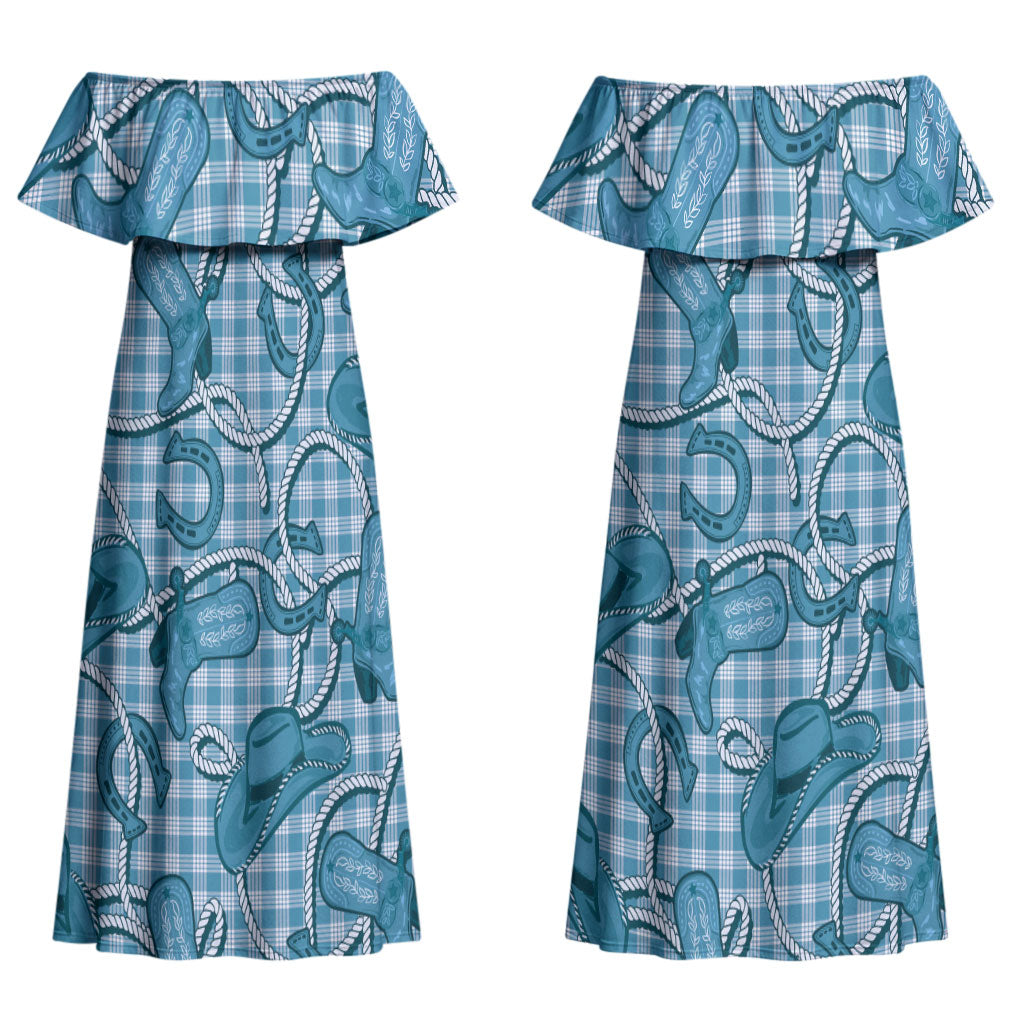 Blue Hawaii Palaka Cowboy Couples Matching Off Shoulder Maxi Dress and Long Sleeve Button Shirt Hawaiian Paniolo Festival Spirit LT19 - Polynesian Pride