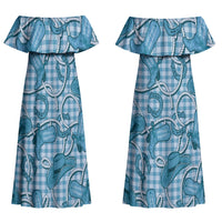 Blue Hawaii Palaka Cowboy Couples Matching Off Shoulder Maxi Dress and Long Sleeve Button Shirt Hawaiian Paniolo Festival Spirit LT19 - Polynesian Pride