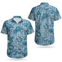 Blue Hawaii Palaka Cowboy Couples Matching Off The Shoulder Long Sleeve Dress and Hawaiian Shirt Hawaiian Paniolo Festival Spirit LT19 - Polynesian Pride