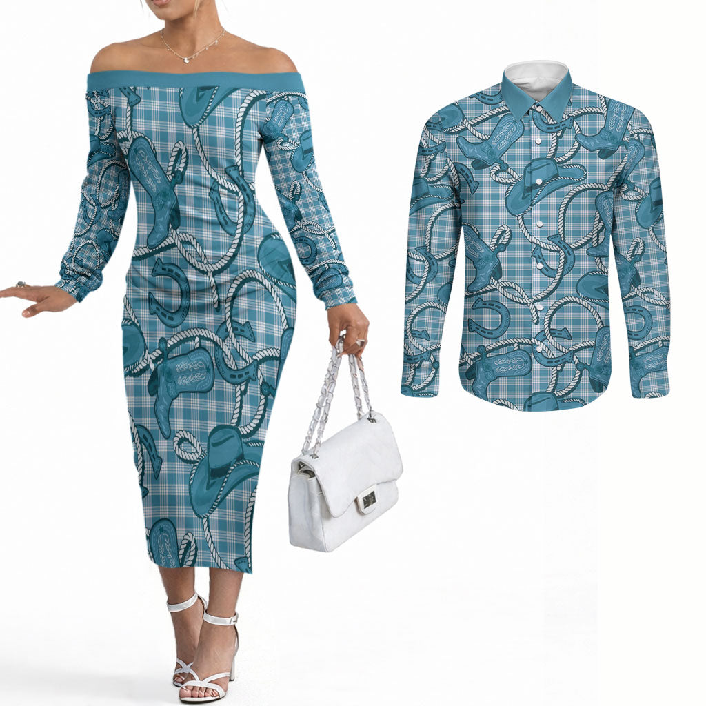 Blue Hawaii Palaka Cowboy Couples Matching Off The Shoulder Long Sleeve Dress and Long Sleeve Button Shirt Hawaiian Paniolo Festival Spirit LT19 Blue - Polynesian Pride