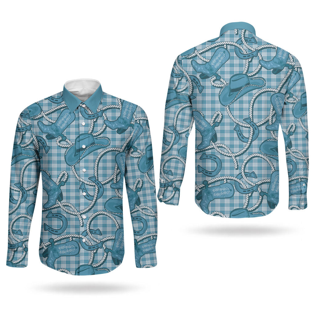 Blue Hawaii Palaka Cowboy Couples Matching Off The Shoulder Long Sleeve Dress and Long Sleeve Button Shirt Hawaiian Paniolo Festival Spirit LT19 - Polynesian Pride