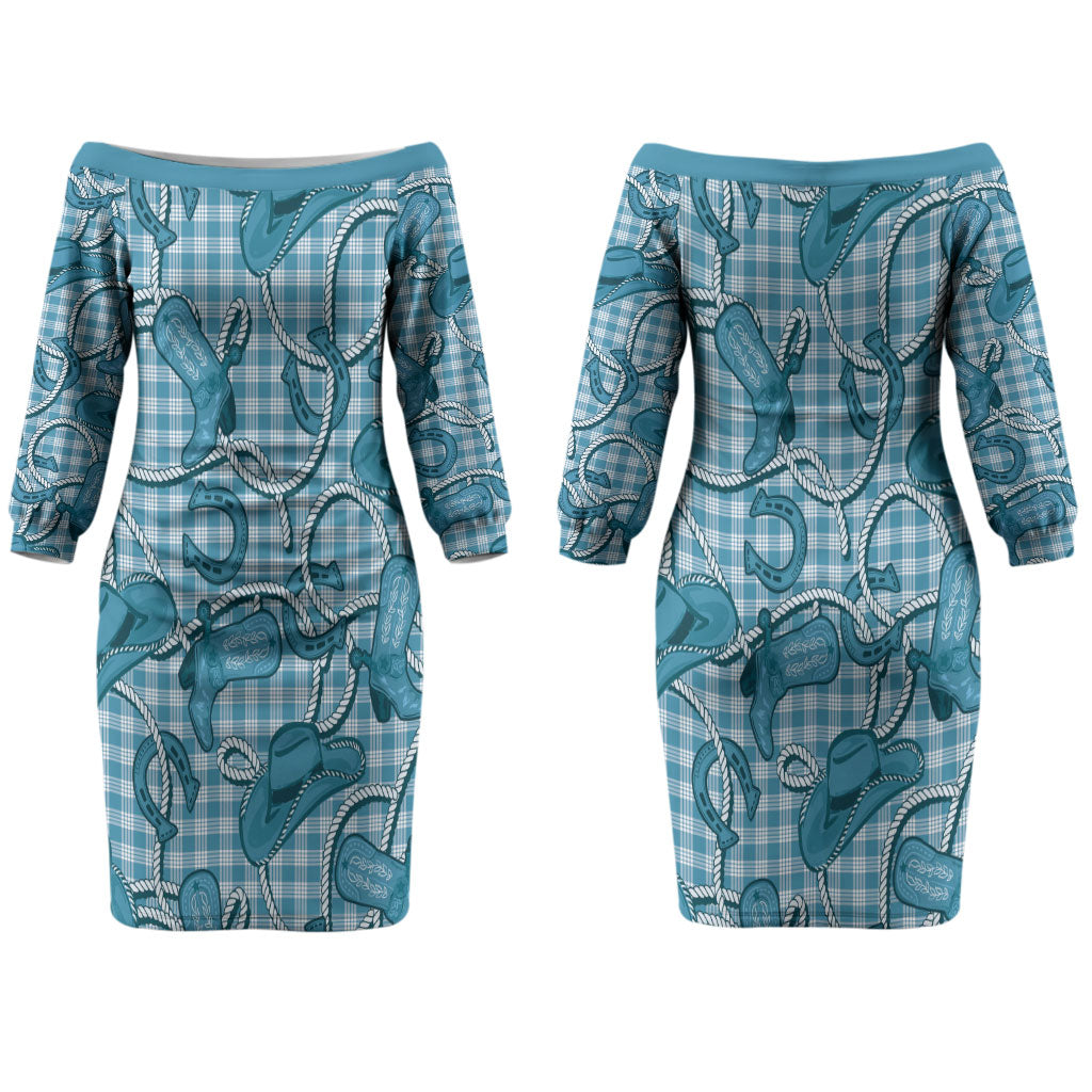 Blue Hawaii Palaka Cowboy Couples Matching Off The Shoulder Long Sleeve Dress and Long Sleeve Button Shirt Hawaiian Paniolo Festival Spirit LT19 - Polynesian Pride