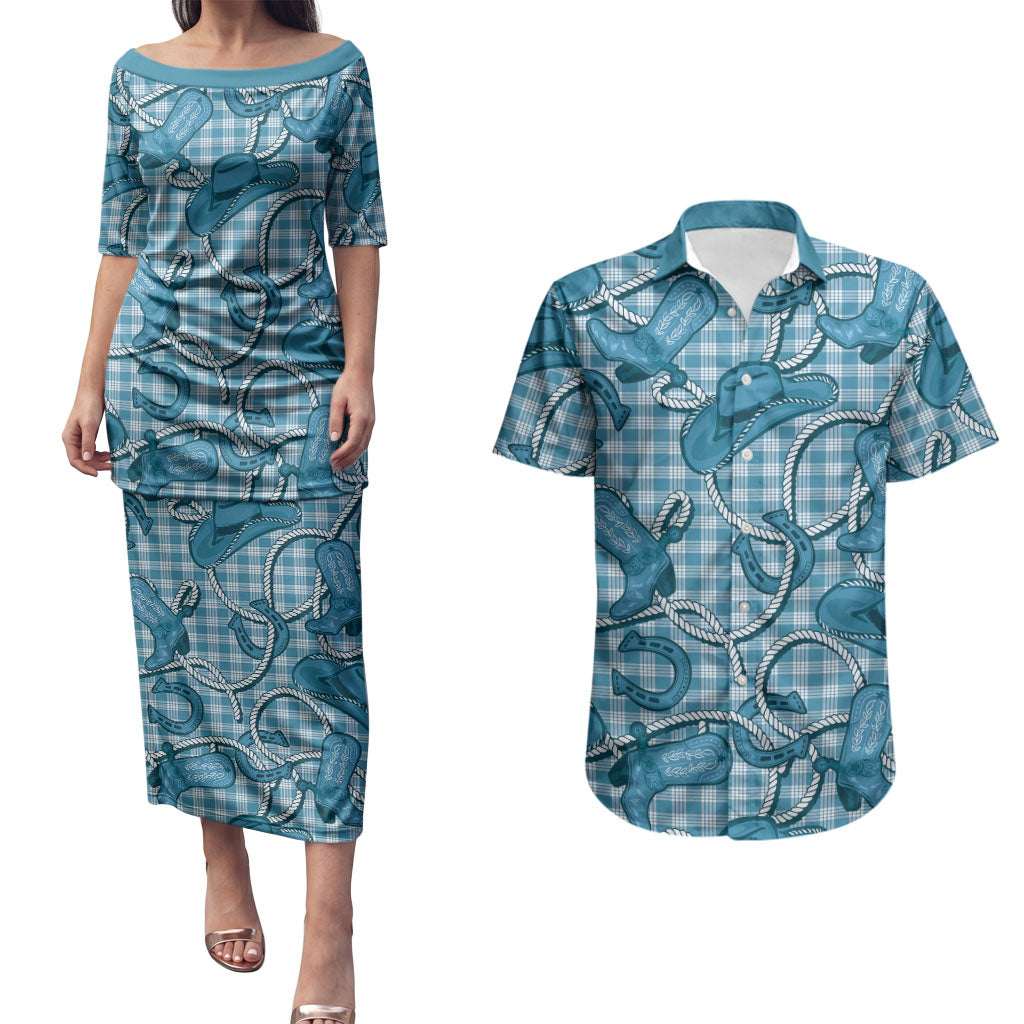 Blue Hawaii Palaka Cowboy Couples Matching Puletasi and Hawaiian Shirt Hawaiian Paniolo Festival Spirit LT19 Blue - Polynesian Pride