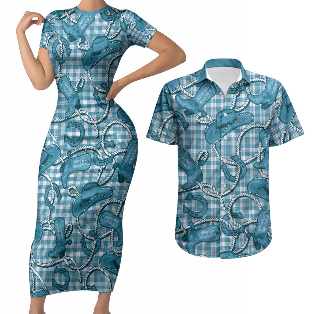 Blue Hawaii Palaka Cowboy Couples Matching Short Sleeve Bodycon Dress and Hawaiian Shirt Hawaiian Paniolo Festival Spirit LT19 Blue - Polynesian Pride