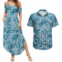 Blue Hawaii Palaka Cowboy Couples Matching Summer Maxi Dress and Hawaiian Shirt Hawaiian Paniolo Festival Spirit LT19 Blue - Polynesian Pride