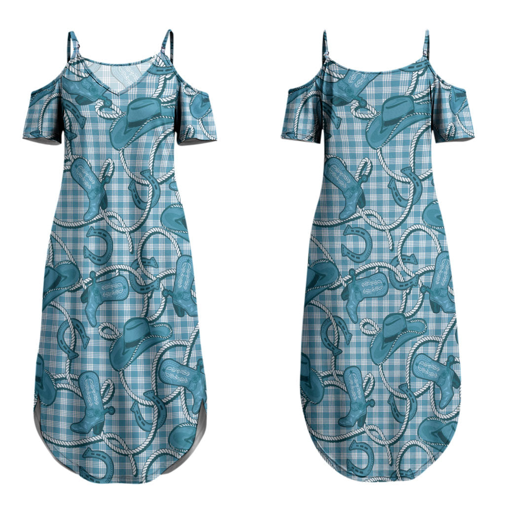 Blue Hawaii Palaka Cowboy Couples Matching Summer Maxi Dress and Hawaiian Shirt Hawaiian Paniolo Festival Spirit LT19 - Polynesian Pride