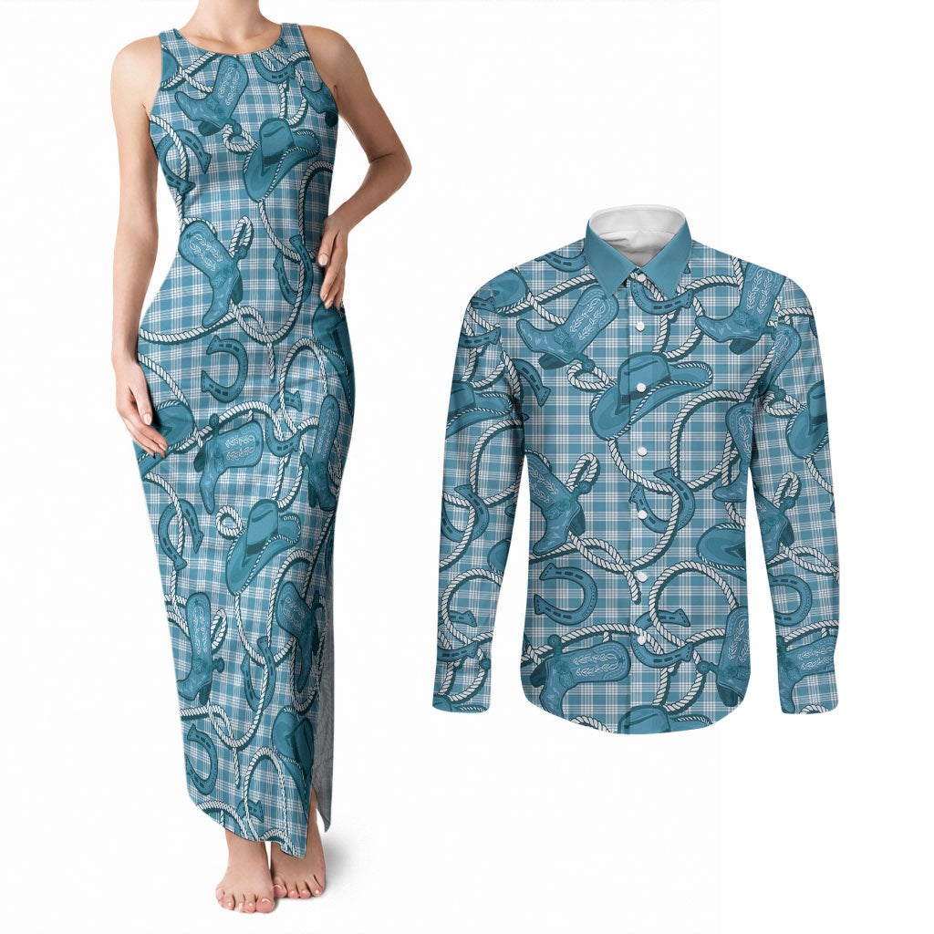 Blue Hawaii Palaka Cowboy Couples Matching Tank Maxi Dress and Long Sleeve Button Shirt Hawaiian Paniolo Festival Spirit LT19 Blue - Polynesian Pride