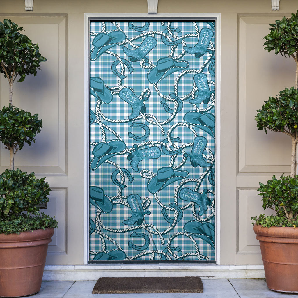 Blue Hawaii Palaka Cowboy Door Cover Hawaiian Paniolo Festival Spirit LT19 Blue - Polynesian Pride